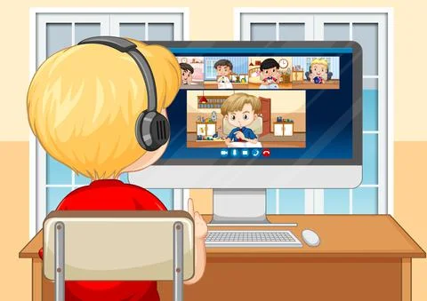 Back view of a boy communicate video conference with friends at home scene 스톡 일러스트