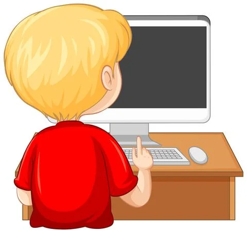 Back view of a boy with computer on the table on white background 스톡 일러스트