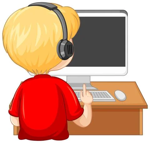 Back view of a boy with computer on the table on white background 스톡 일러스트
