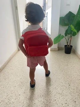 Back view of a boy with red backpack ready to go to school. Stock Photos