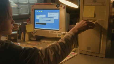 Back View Boy using Computer in 90s Stock Footage 304861598