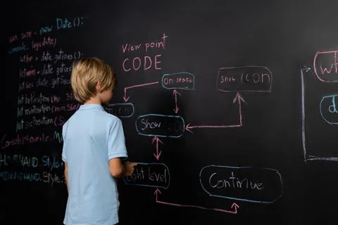 Back view of boy write code on blackboard while stand and thinking. Erudition. 스톡 사진