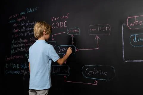 Back view of boy write code on blackboard while stand and thinking. Erudition. 写真素材