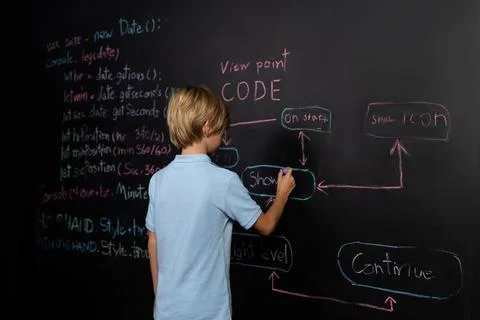 Back view of boy write code on blackboard while stand and thinking. Erudition. 库存照片