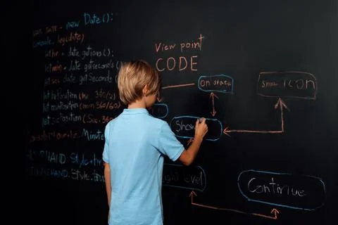 Back view of boy write code on blackboard while stand and thinking. Erudition. Stockfoto's