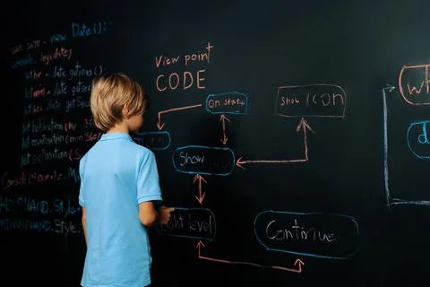 Back view of boy write code on blackboard while stand and thinking. Erudition. Stockfoto's