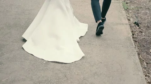 Back view of the bride and groom walking hand in hand on a path in the park. Video stock 221704099