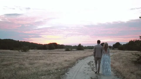 Back view of bride and groom walk through field of dried grass at sunset, pink Stock Footage 231483225