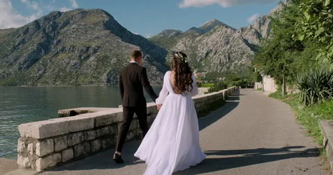 Back view of bride in beautiful white dress and groom on mountain background Stock Footage 131104009
