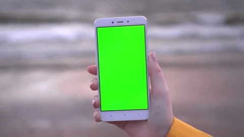 Back view of brunette holding chroma key green screen smartphone watching Stock Footage 133391931