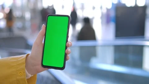 Back view of brunette holding chroma key green screen smartphone watching Stock Footage 275359703