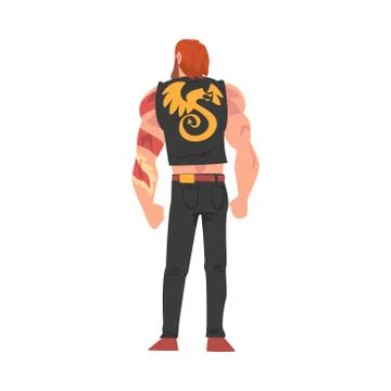 Back View of Brutal Guy Character, Young Man Viewed from Behind Wearing Black Stock Illustration