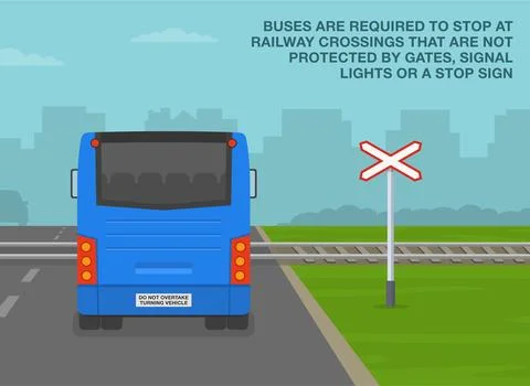 Back view of a bus stopped at level crossing. Buses required to stop at railway. Stock Illustration
