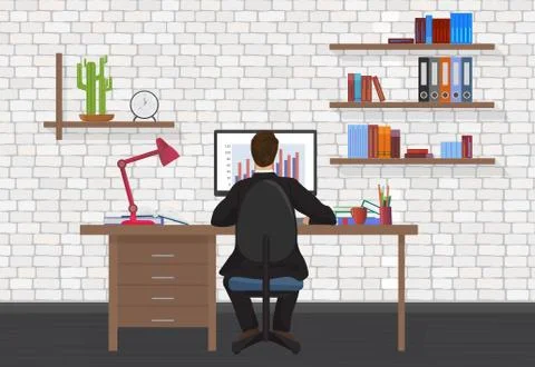 Back view of Business Man working on desktop computer in the modern office. 스톡 일러스트