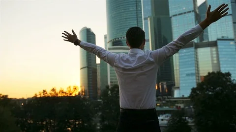 Back view of businessman looking on copy space while standing against glass Stock Footage 94783369
