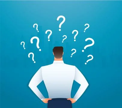 Back view of businessman looking at  question marks vector illustration Stock-Illustration