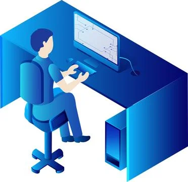 Back View of Businessman Working Computer at Desk Vector Illustration. 스톡 일러스트