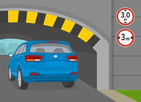 Back view of a car moving under the bridge with height and width limit signs. Stock Illustration