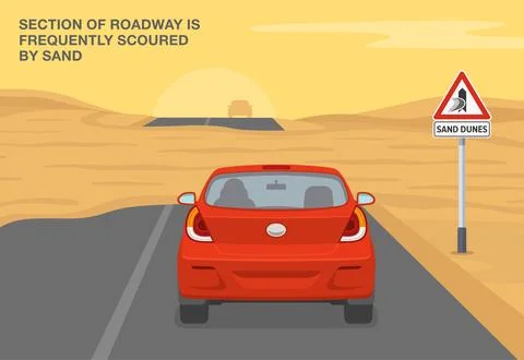 Back view of a car on a sandy road. Roadway is frequently scoured by sand. Stock Illustration
