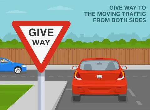 Back view of a car stopped at junction. Close-up of a "Give way" sign. Stock Illustration