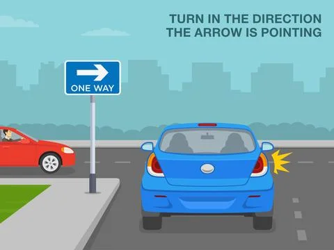 Back view of a car turning right into a one-way street. Stock Illustration