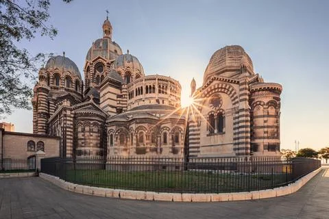 Back view of Cathedral de la Major with sunbeam, Marseille, France Stock Photos