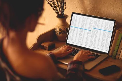 Back view of caucasian female programmer siting at desk, using laptop with Stock Photos