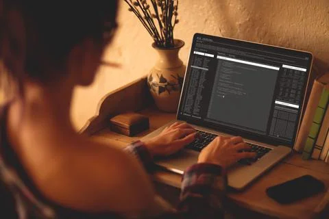 Back view of caucasian female programmer sitting at desk, using laptop with Stockfoto's
