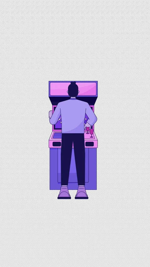 Back view caucasian gamer at arcade machine 2D character vertical animation Stock Footage 311364907