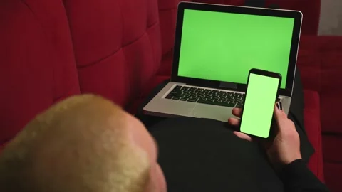 Back view. Close up. Young homosexual man on sofa couch working on Laptop Green Video stock 146906899
