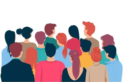 Back view colored head of cartoon people crowd theater watching isolated on Illustrazione stock