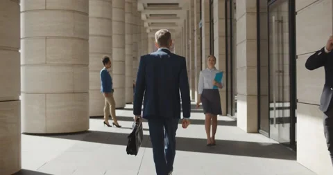 Back view of confident executive with briefcase walking outdoors downtown Stock Footage 156447593
