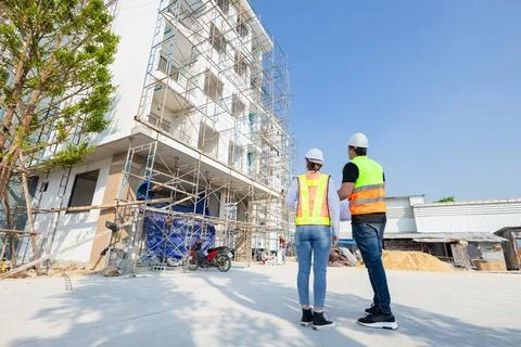 Back view construction Engineer, architect working together at construction.. Foto stock