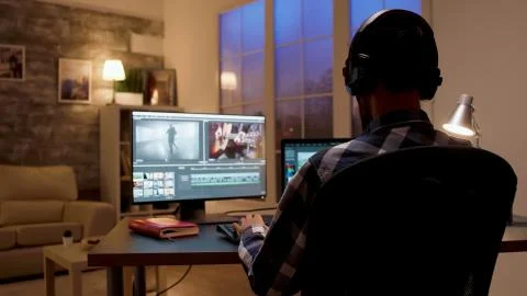 Back view of content creator working in home office Фото