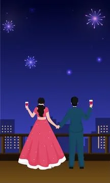 Back View of Couple Enjoying Drinks and Looking Fireworks in Sky at Roof fo.. Ilustração Stock