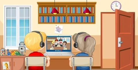 Back view of a couple kid communicate video conference with friends at home s 스톡 일러스트