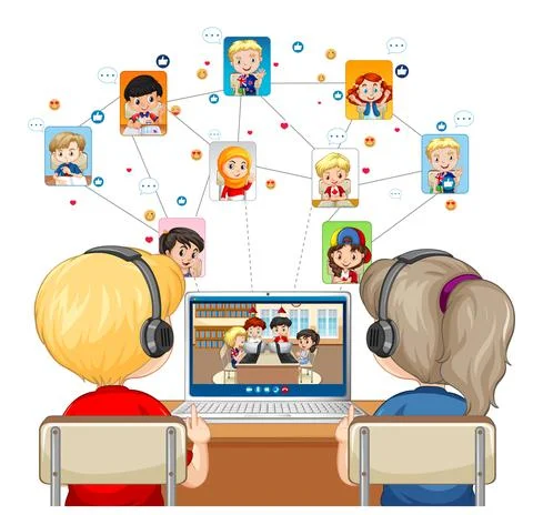 Back view of a couple kid communicate video conference with friends on white  스톡 일러스트