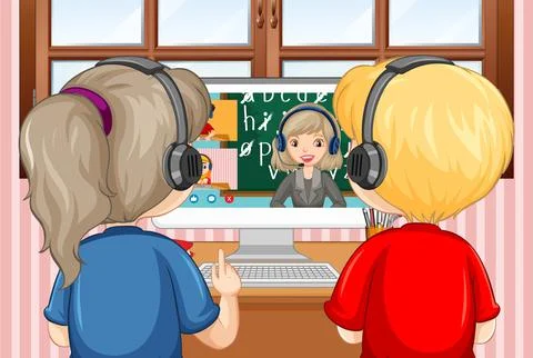 Back view of a couple kid looking at computer for online learning at home Stock Illustration