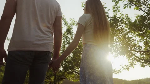 Back view of a couple in love enjoy each other while walking in the garden Stock Footage 253979416