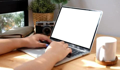 Back view creative man working with laptop computer while sitting at home.. Foto stock
