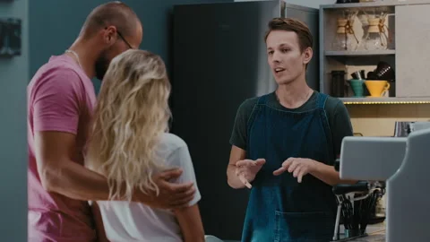 Back view of customers couple making order or buying coffee 스톡 동영상 135066985