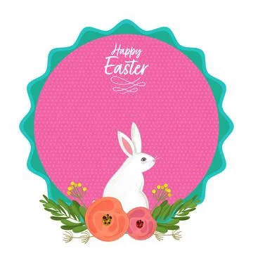 Back View of Cute Bunny Cartoon Against Happy Easter Text Round Frame Decor.. Stock Illustration