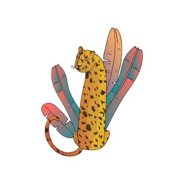 Back view of cute leopard and big tropical leaves. Large wild cat with spotted Stock Illustration