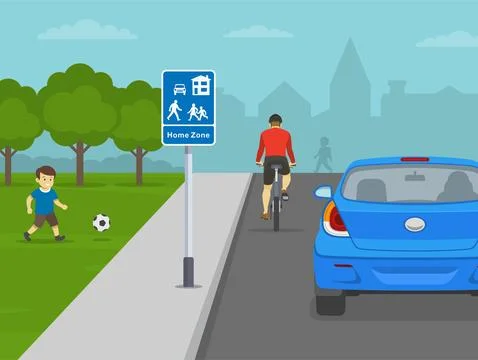 Back view of a cyclist and car on road. Home zone sign area. Stock Illustration