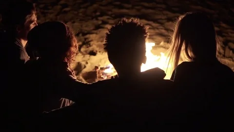 Back view of diverse group of people sitting together by the fire late at night Stock Footage 81875459