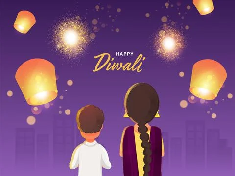 Back View of Elder Sister with Brother Character and Flying Lanterns on Pur.. Stock Illustration