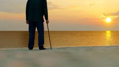 Back view of an elderly man walking alone on the beach Stock Footage 301574322