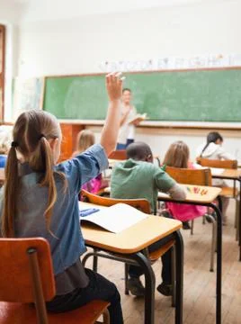 Back view of elementary school student raising hand during lesson Foto stock