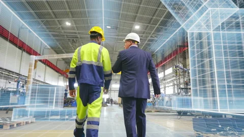 Back view of engineer and businessman walking at manufacturing plant with Stock Footage 220549395