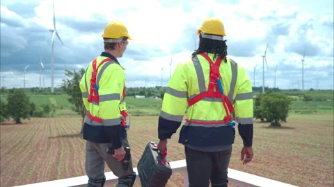 Back view of engineer and technician looking at wind turbines Video stock 253998614